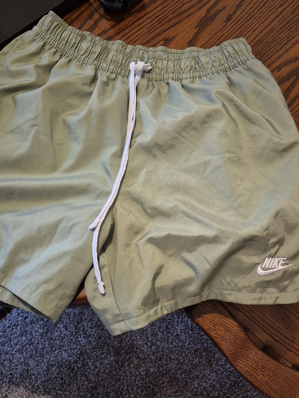 Nike Light Olive Green Athletic Swim Shorts with White Drawstring